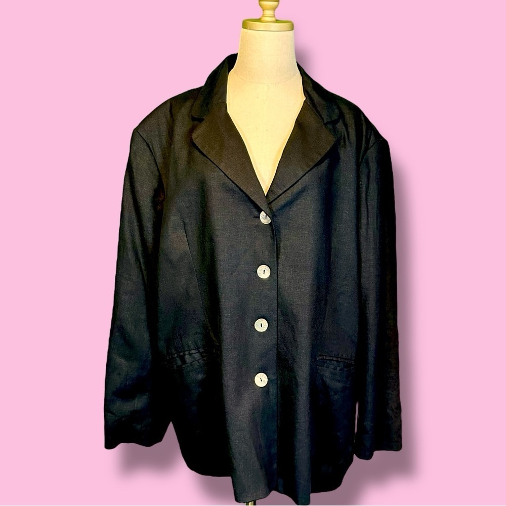 Sandro Vintage Black Linen-Blend Blazer With Pearl Shell Buttons Plus Size 22